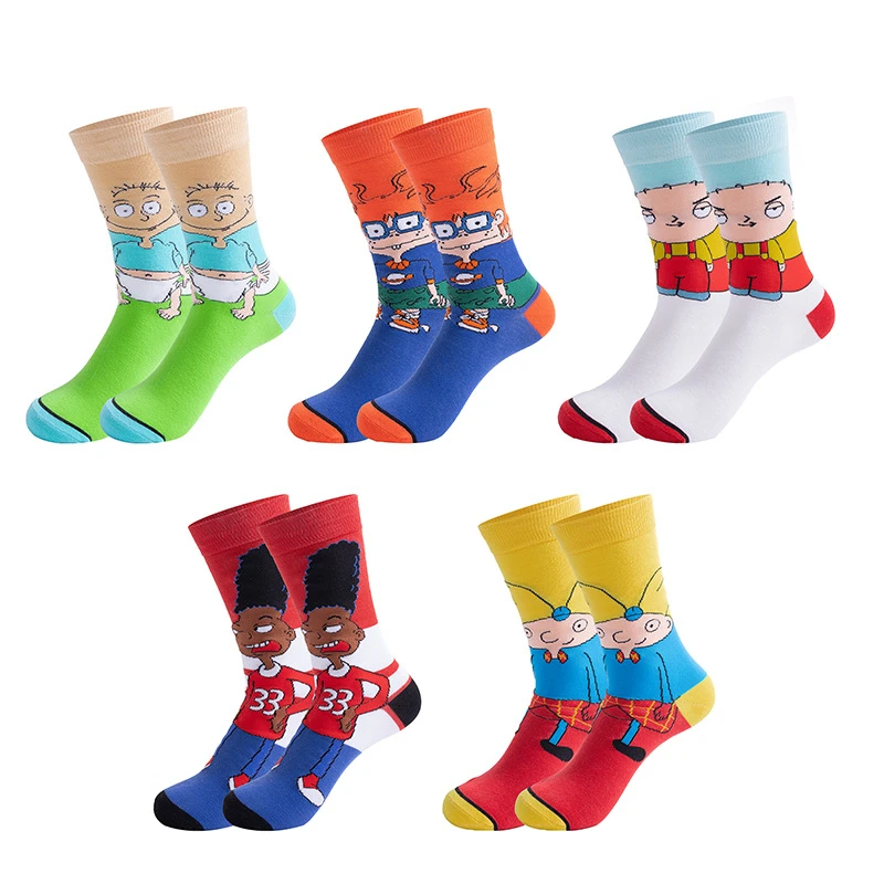 5 Pairs Cartoon Casual Outdoor Sports Socks Men Women Anime Hip Hop Street Fashion Novelty Funny Crew Socks For Camping Hiking view 3
