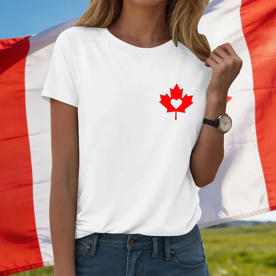 Women's Canada Day Festival T Shirt Maple Leaf Print Short Sleeve Round Neck Loose Tops Female Canadian Independence Day Tees