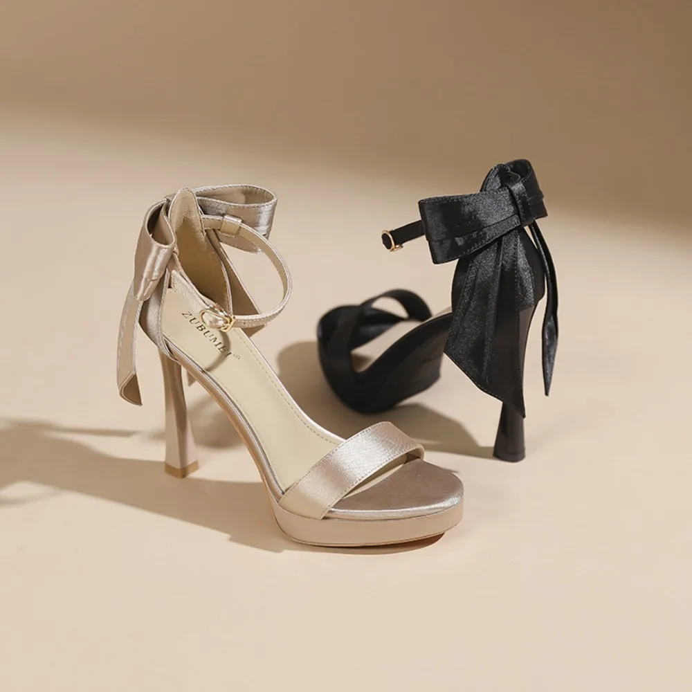Luxury Sandals Woman French Waterproof Table Bow Open Toed High Heels Femininity Round Head Thin Heel Buckle Sandals Women