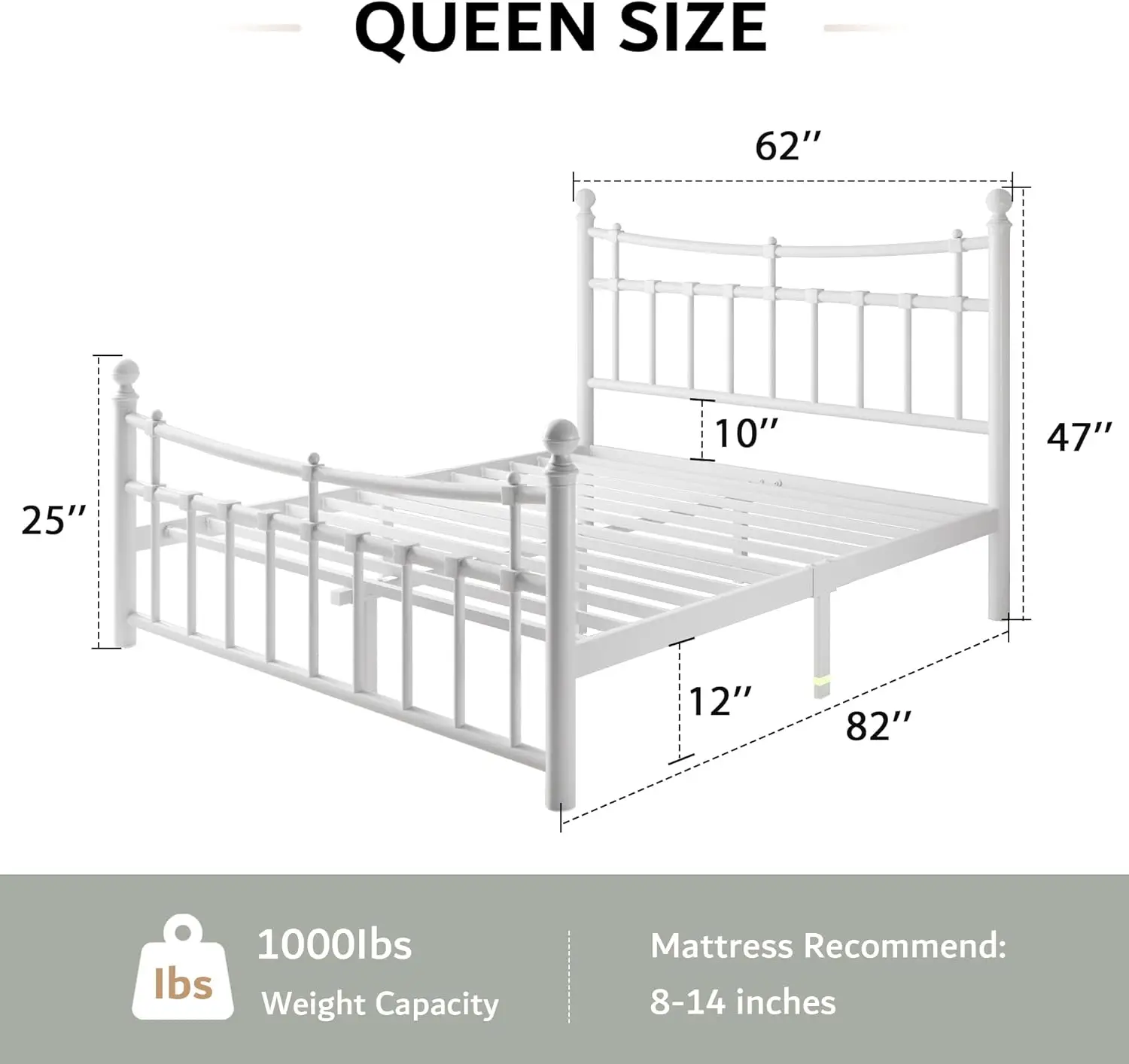 Comfort Corner 14 Inch Queen Bed Frame with 14 Steel Slats Support,Metal Platform Bed Frame with Iron-Art Headboardand Footboard