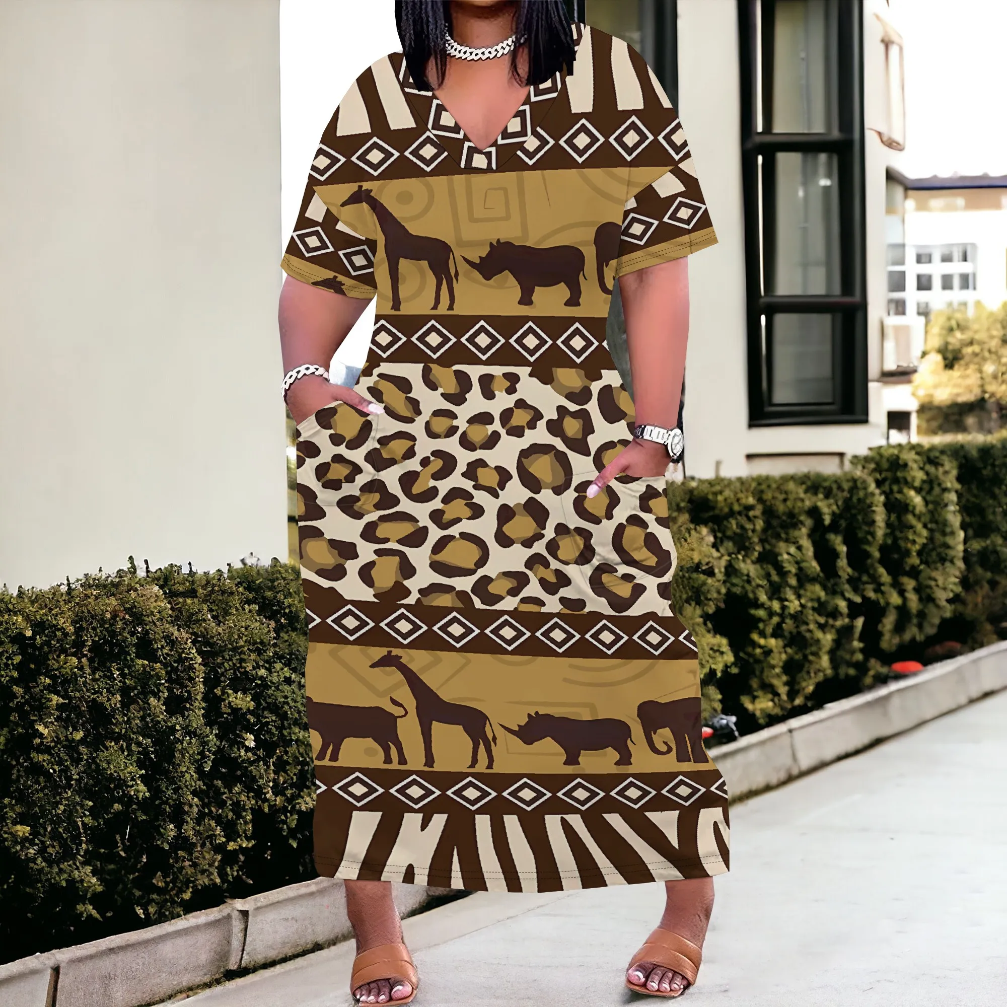 

Nupusa Safari Animal Print Dress for Women Plus Size Summer Casual V Neck Short Sleeve Maxi Dress with Pockets