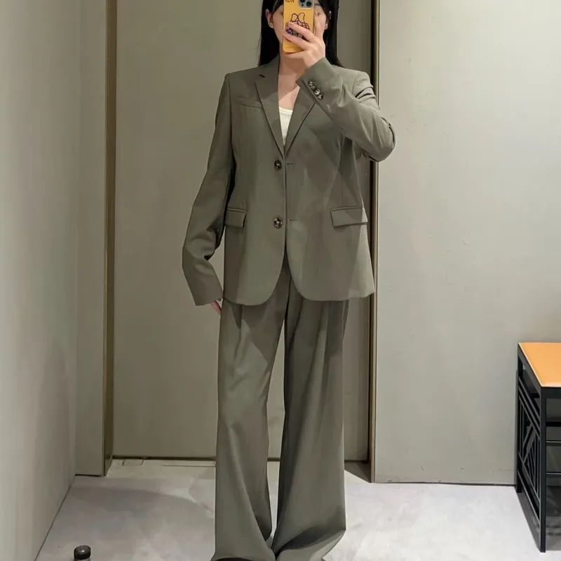 2025 ฤดูใบไม้ร่วงผู้หญิงRetroสีเขียวSlit Blazerและกางเกงเอวยางยืดชุด,high-Endเซ็กซี่แฟชั่นเสื้อและกางเกงสําหรับOffice Lady