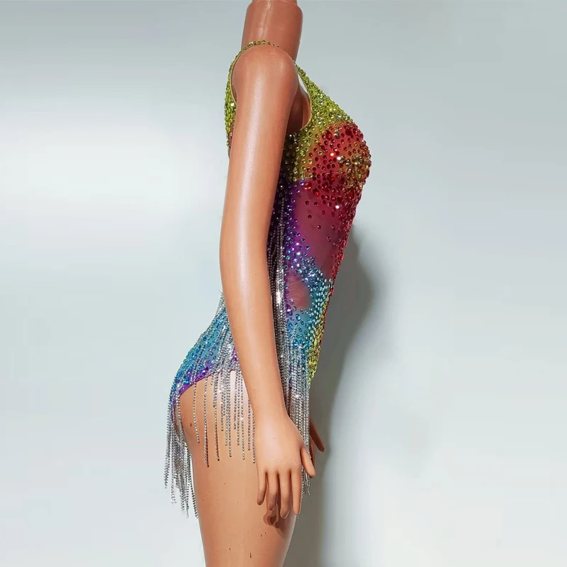 Bunte Strass Fransen Body Frauen Party Jazz Dance Kleidung Bar Dj Ds Party Drag Queen Outfit Gogo Kostüm XS9550