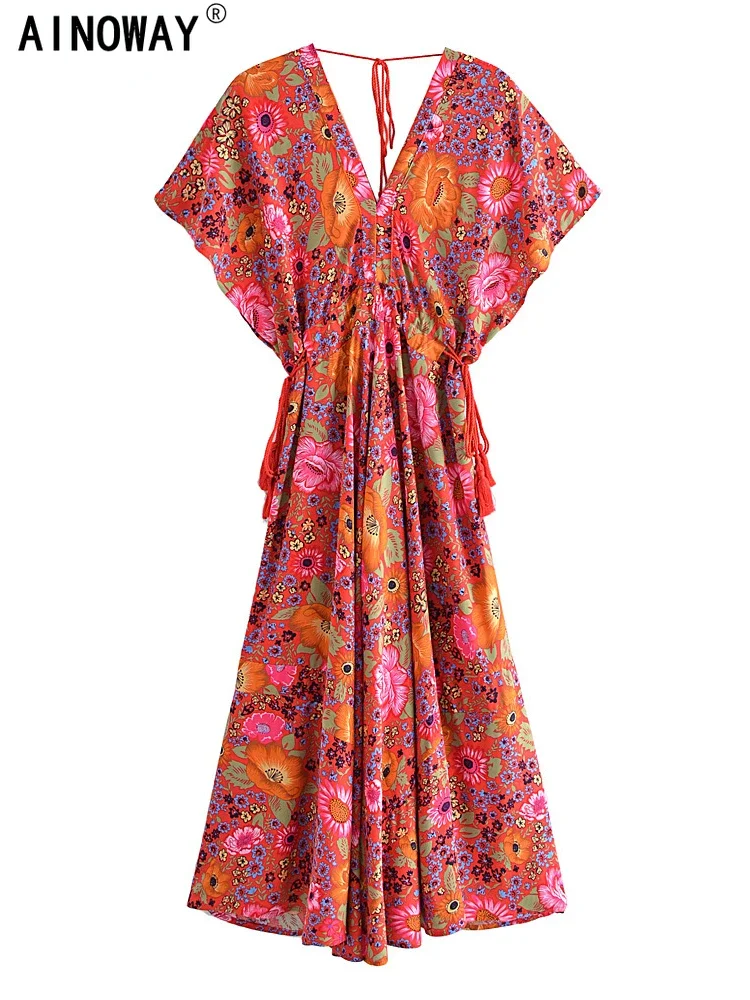 Red Peacock Floral Women V-neck Tassel Batwing Sleeve Bohemian Maxi Dresses Ladies Rayon Cotton Beach Summer Boho Dress Robe