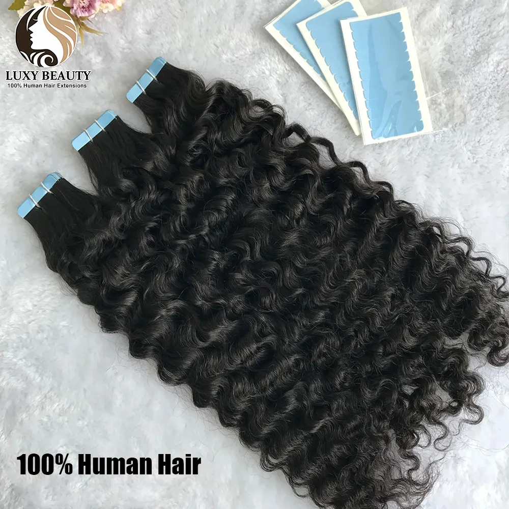 Water Wave Tape In Hair Extensions Brazilian Remy Human Hair for Black Women Natural Black Tape Ins Hair Extensions 20pc/Pack