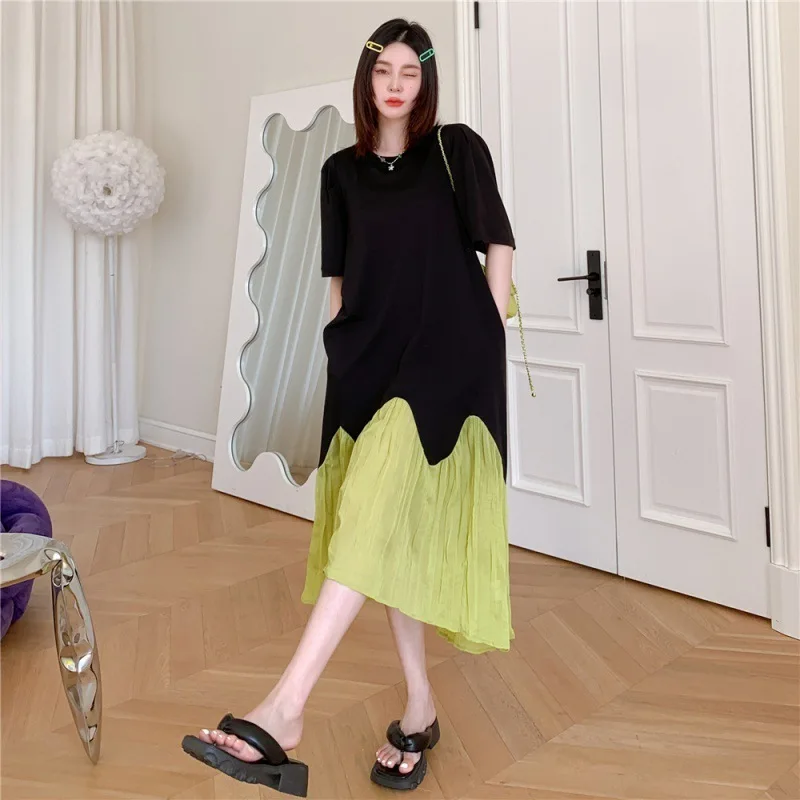 # 6138 Sommer Gespleißt Farbe T Shirt Kleid Kurzarm Falsche Zwei Stück Streetwear Midi Kleid Damen Lose Schwarz T-shirt Kleid