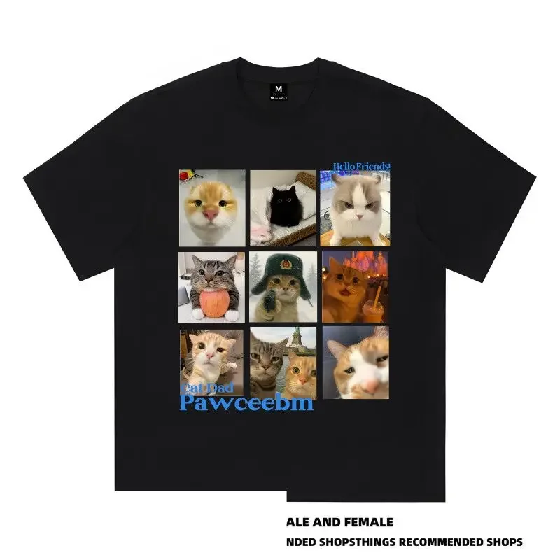 

American Retro Jiugongge Cat Print Short-sleeved T-shirt for Men and Women with The Same Loose Pure Cotton Summer Couple Top