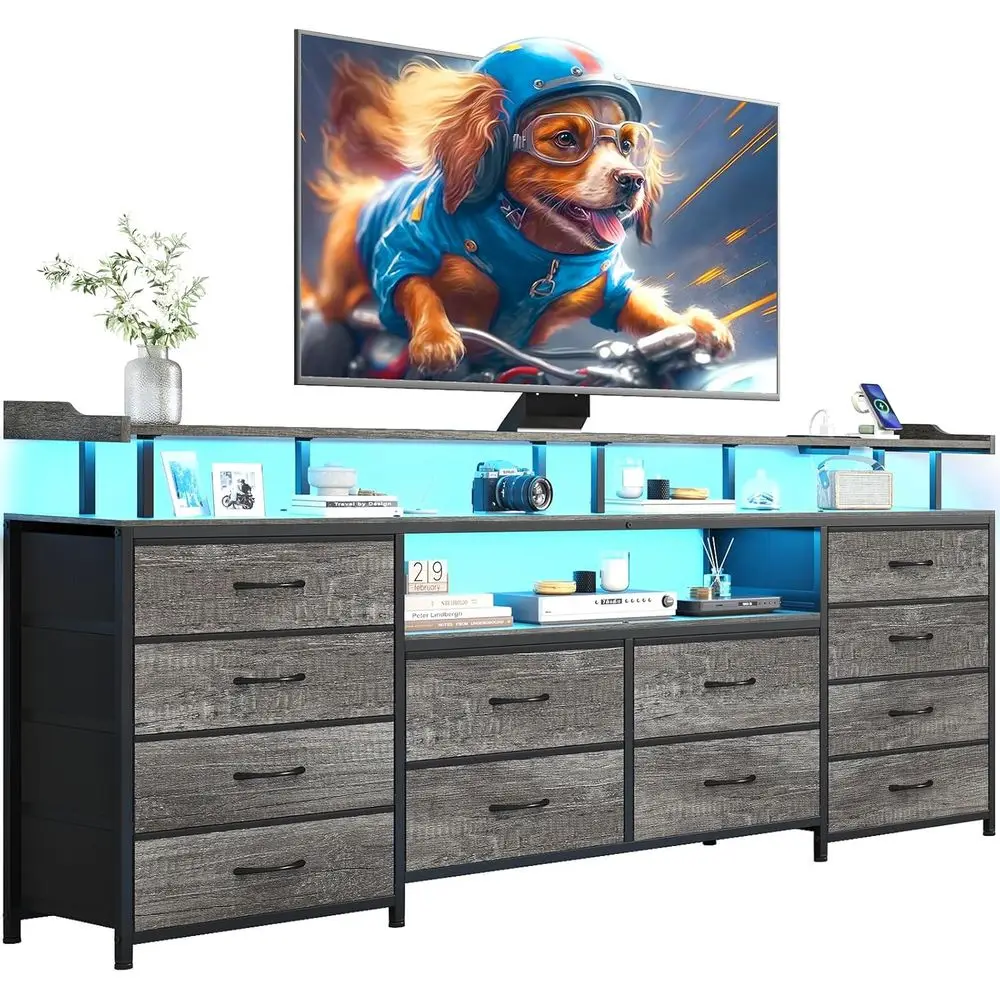 12 Ders TV Stand Drer or 65/70 inch TV, Entertainment Center with LED Lights & Power Outlets, 63" Large LED TV Stand, TV ole or