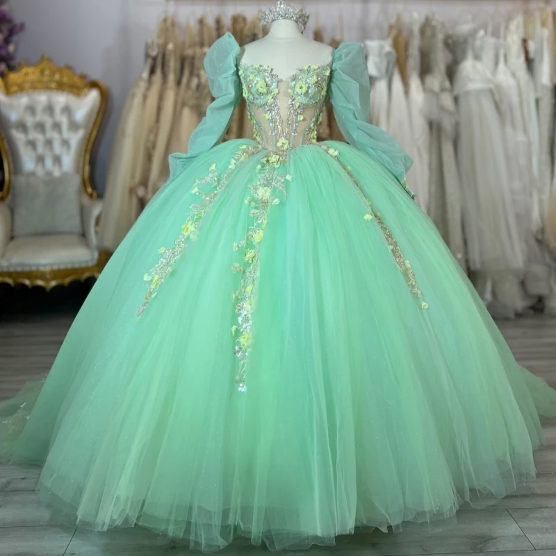 

Green Shiny Ball Gown Quinceanera Dresses Off The Shoulder Applique Flower Beads Party Birthday Sweet 16 Dress Vestidos 15 De