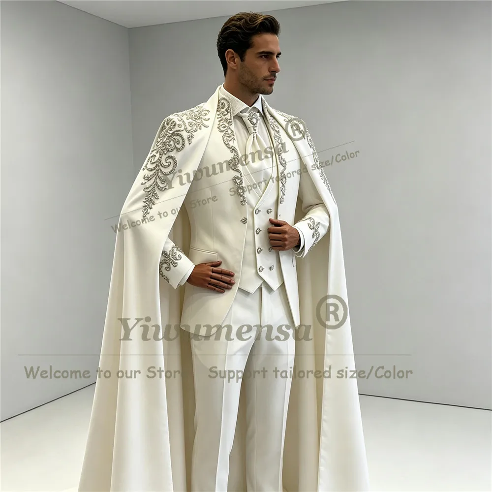 Italian Design Wedding Groom Tuxedo Suit Formal Wear Beaded Stones Jacket Vest Pants With Long Cape Customized Man Party Clothes