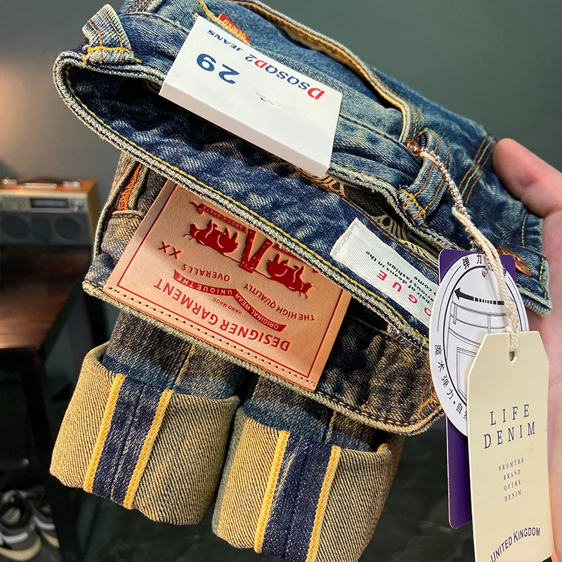 

Красные джинсовые джинсы с кромкой для мужчин, осень/зима, тяжелые потертые желтые глиняные узкие прямые длинные брюки в американском стиле на зиму