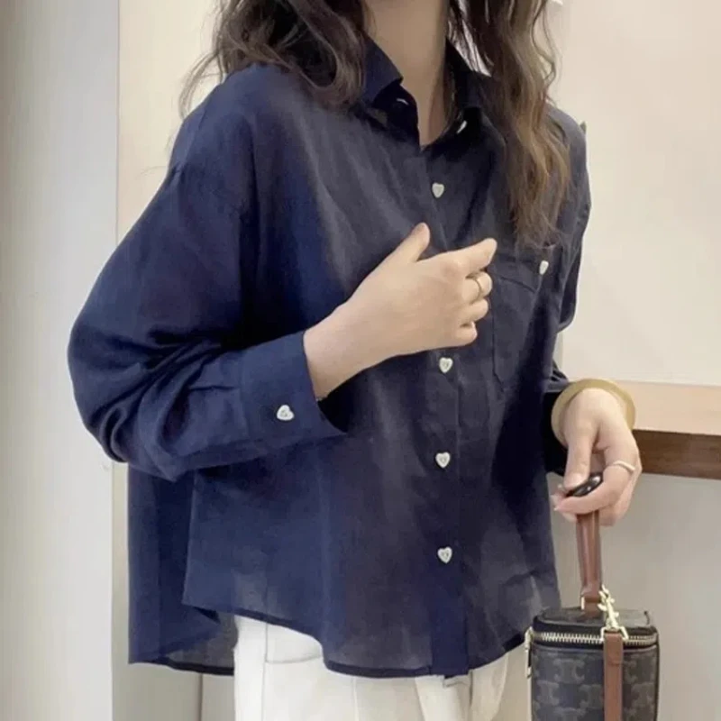 Spring Autumn New Solid Color Shirt Women POLO Collar Long Sleeve Fashion Button Cardigan Vintage Elegant Pocket All-match Tops