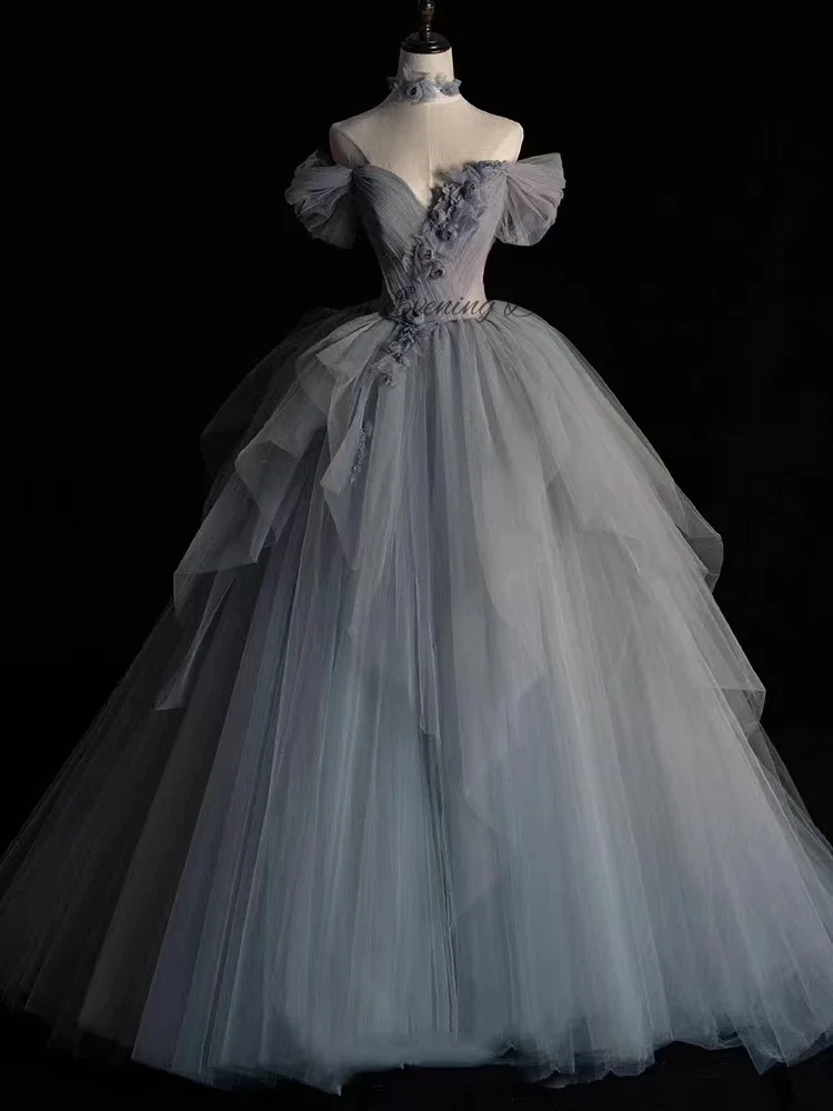 Elegant 2023 Grey Sweetheart Fluffy Evening Dresses A-line Off Shoulder Back Embroidered Formal Prom Dresses Customization