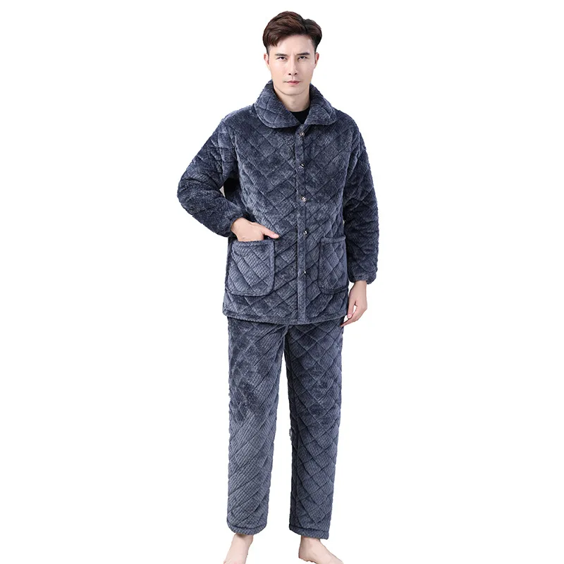 KIDWHXR Winter Men Thickened Pajama Set Long Sleeve Pocket Coat Man Straight-leg Pant Male Two Piece Lounge Sleepwear Suit