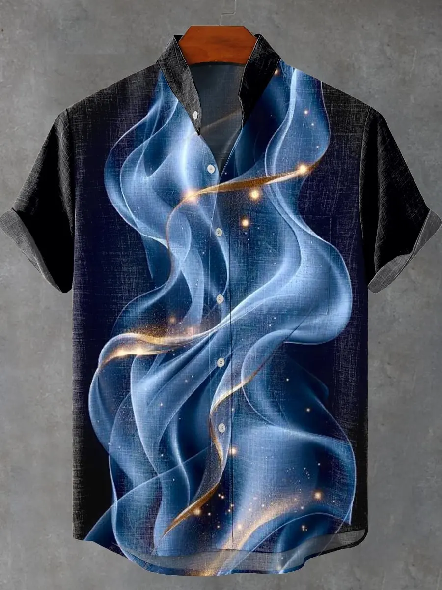 

Minimalist fluid art design 3D printing men's casual linen stand collar front pocket comfortable plus size short sleeved shirt
