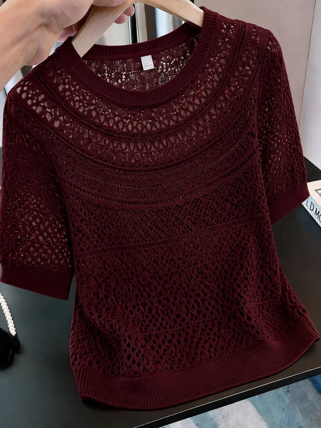 

Retro Ice Silk Knitted Top Summer Commute Style Hollow out Short Sleeve Overhead Casual Vintage Design Women's Fashion