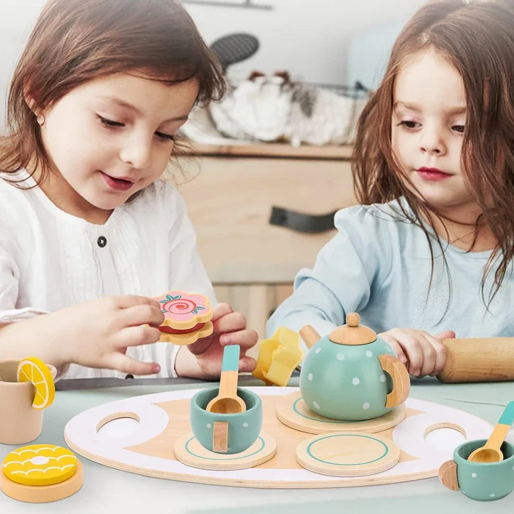 Juego de té de madera para niños pequeños, accesorios de cocina, juego de rol, 15 piezas