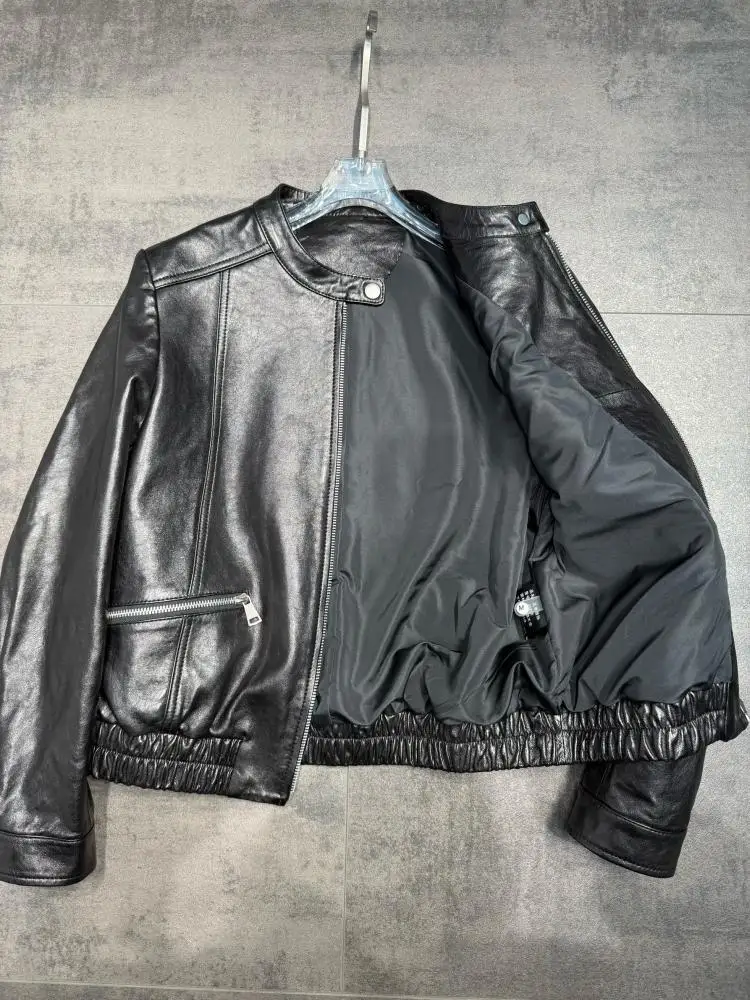 Ladies Leisure Zipper Short Genuine Leather Jackets Solid Color Turn Down Collar Long Sleeves Pockets Sheepskin Outwear