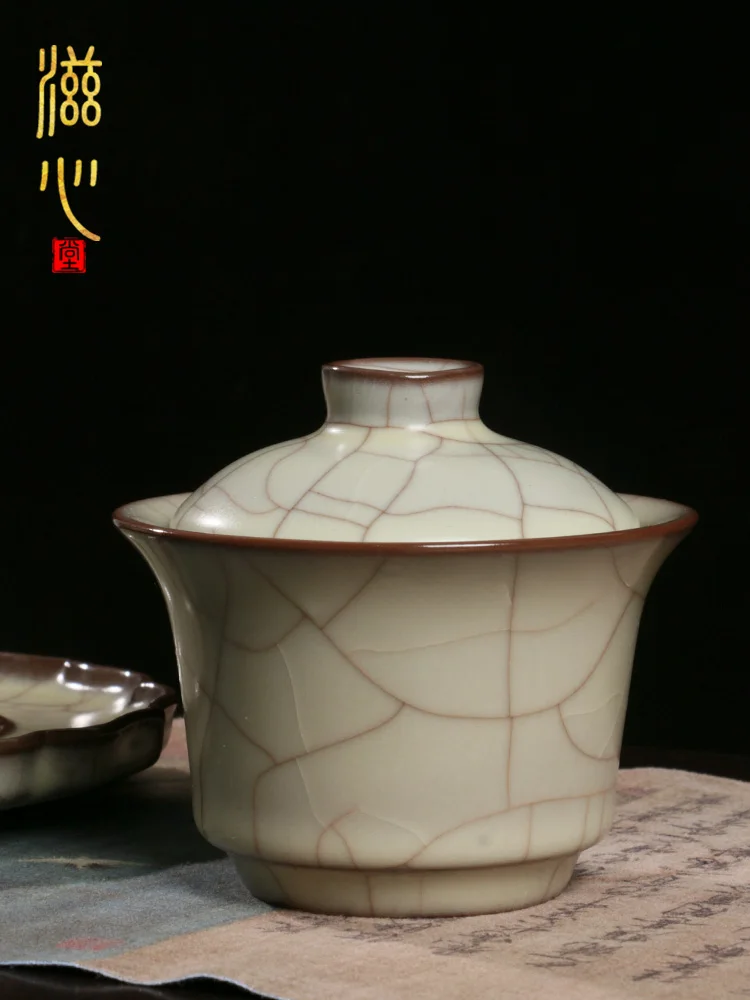 High-End Handmade Kiln Opening Film Line Raising Single Retro Ceramic Gaiwan Anti-Scald Tea Bowl