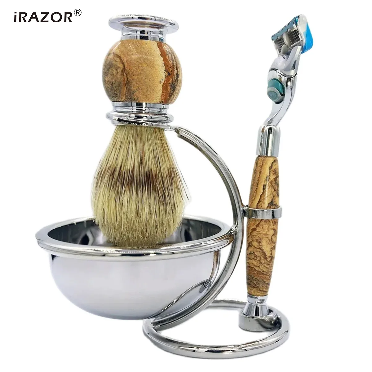 iRAZOR Natural Stone Shaving Kit Fusion 5 Close & Smooth Razor Boar Bristle Cleaning Brush and Bowl Stand Holder Gift for Men