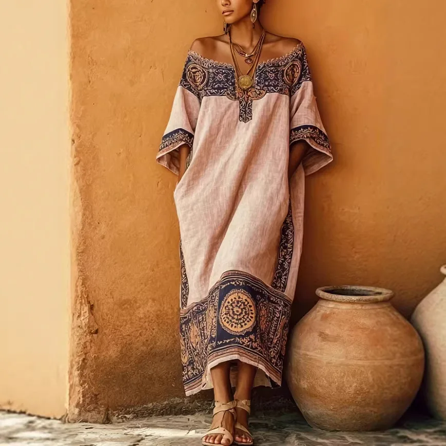 

2026 Retro Sexy Off Shoulder Hollow Out Long Dress Women's Geometric Print Pocket Loose Maxi Dress Summer Casual Vacation Dress