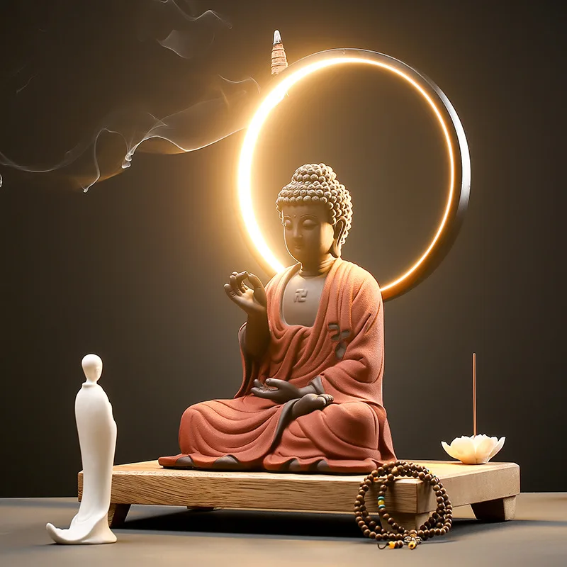 New Chinese Style Home Decor Ceramic Zen LED Light Circle Buddha Statue Ornaments Living Room Decoration with Buddhist Statue