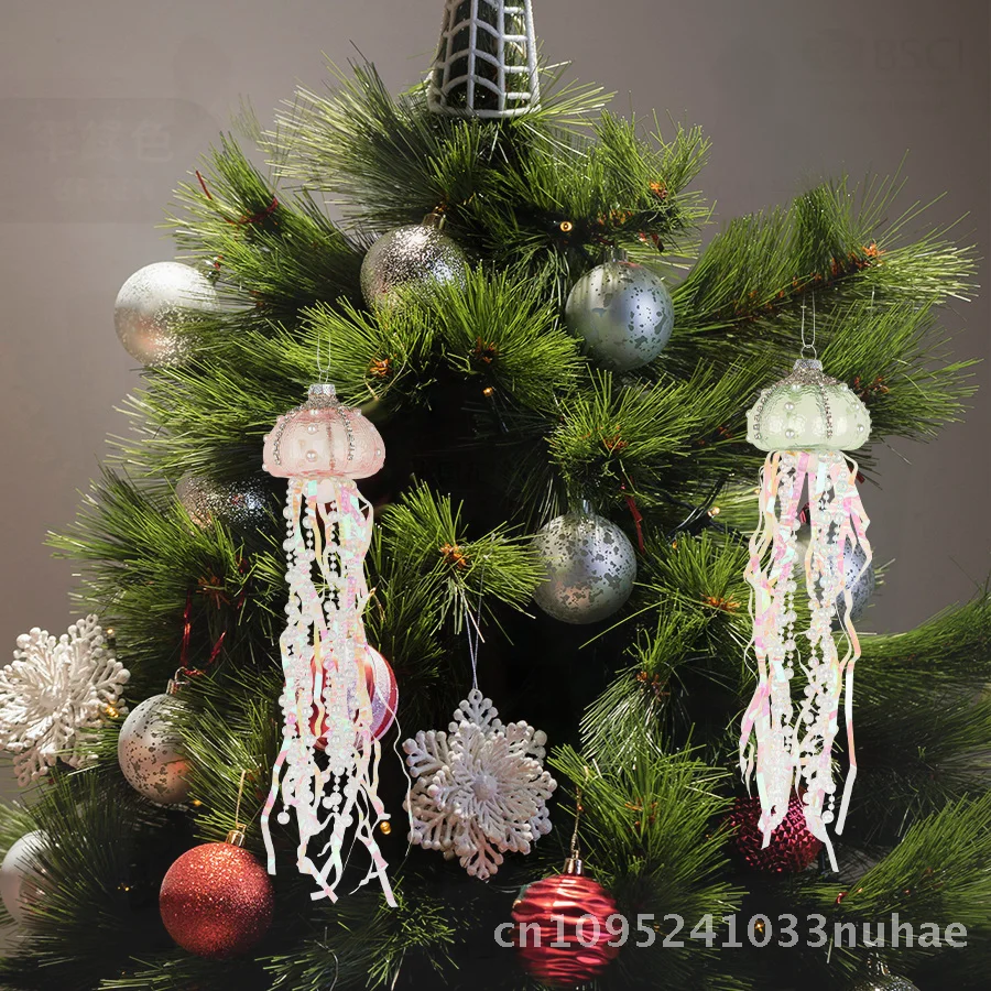 

Christmas Jellyfish Pendant Decorations Mixed Sequins Pearl Glass Small Gift Ornament Yellow Leather Box Packaging
