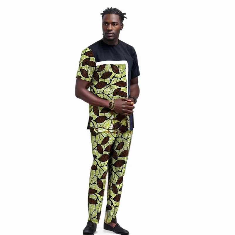 

Black&White Patchwork Wax Tops+Trousers African Print Short Sleeves Men's Set Original Design Nigerian Fashion Groom Suits