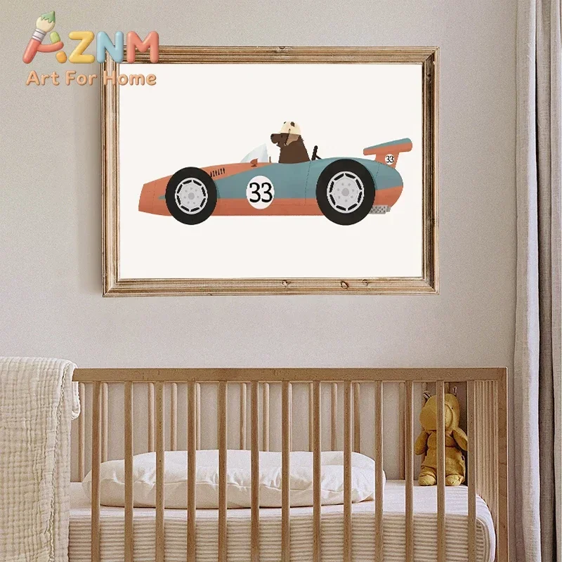 AZNM Cute Animal Vintage Race Car Canvas Wall Art Giraffe Elephant Zebra Driving Retro Car Print Unframed Canvas Poster for Kids