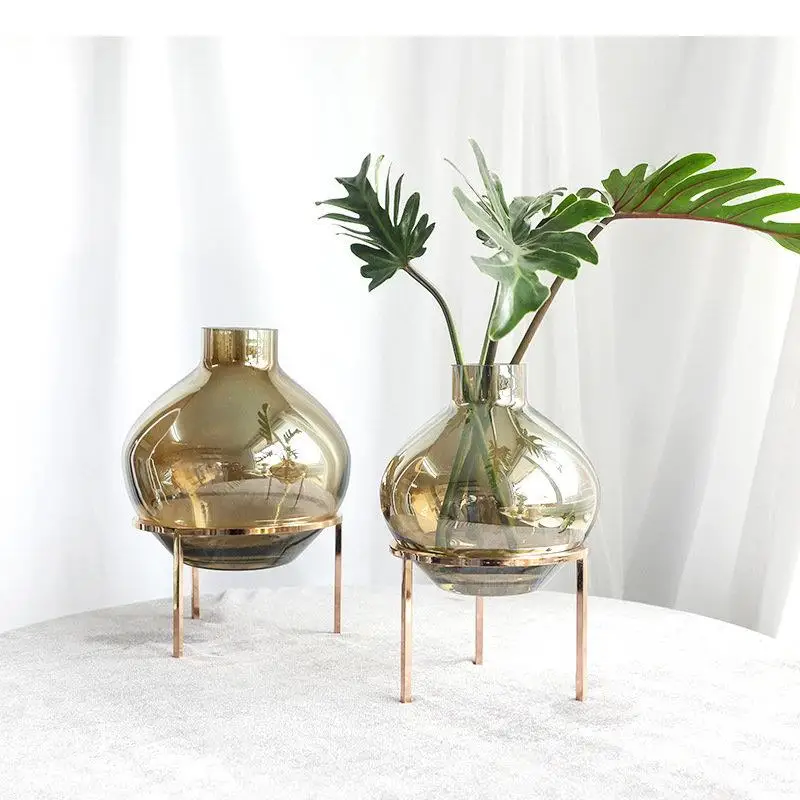 

Glass Vase Metal Support Desk Decoration Hydroponics Flowers Pots Flower Arrangement Modern Home Decor Floral Vases