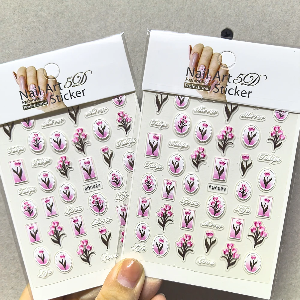 1pc 5D Yellow Tulip Flower Nail Art Sticker Blossom Petal Leaf Rabbits Kawaii Spring Summer Slider Pink Manicure Decoration Tips