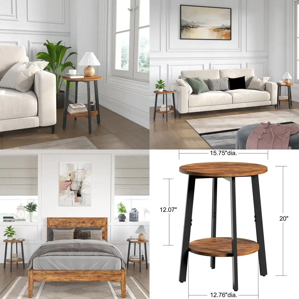 

Набор из 2-х маленьких круглых прикроватных столиков с полкой для хранения для небольших помещений, 2-уровневые прикроватные тумбочки, акцентные столики в деревенском стиле, коричневые, для гостиной