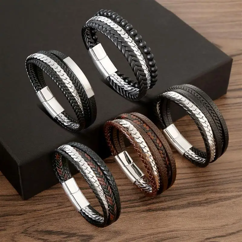 Fashion New Style Stainless Steel Men\'s Leather Bracelet Hand-woven Multi-layer Combination Accessory Classic Bracelet Big Sale