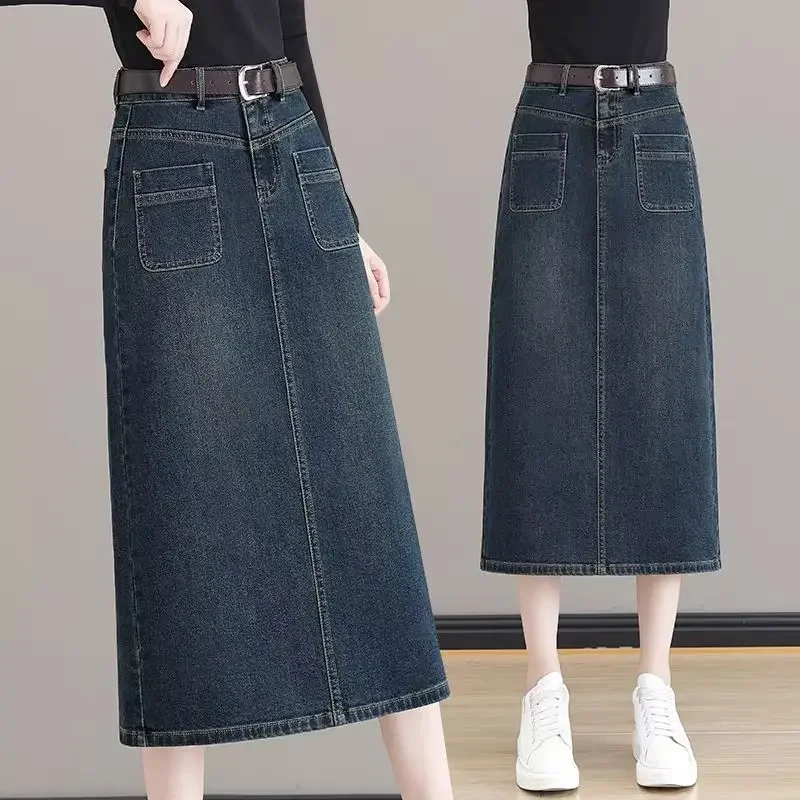 

Vintage With Pocket Midi Jeans Skirts for Women Premium Clothing Sales Harajuku Streetwear Chic and Elegant Woman Denim Skirt