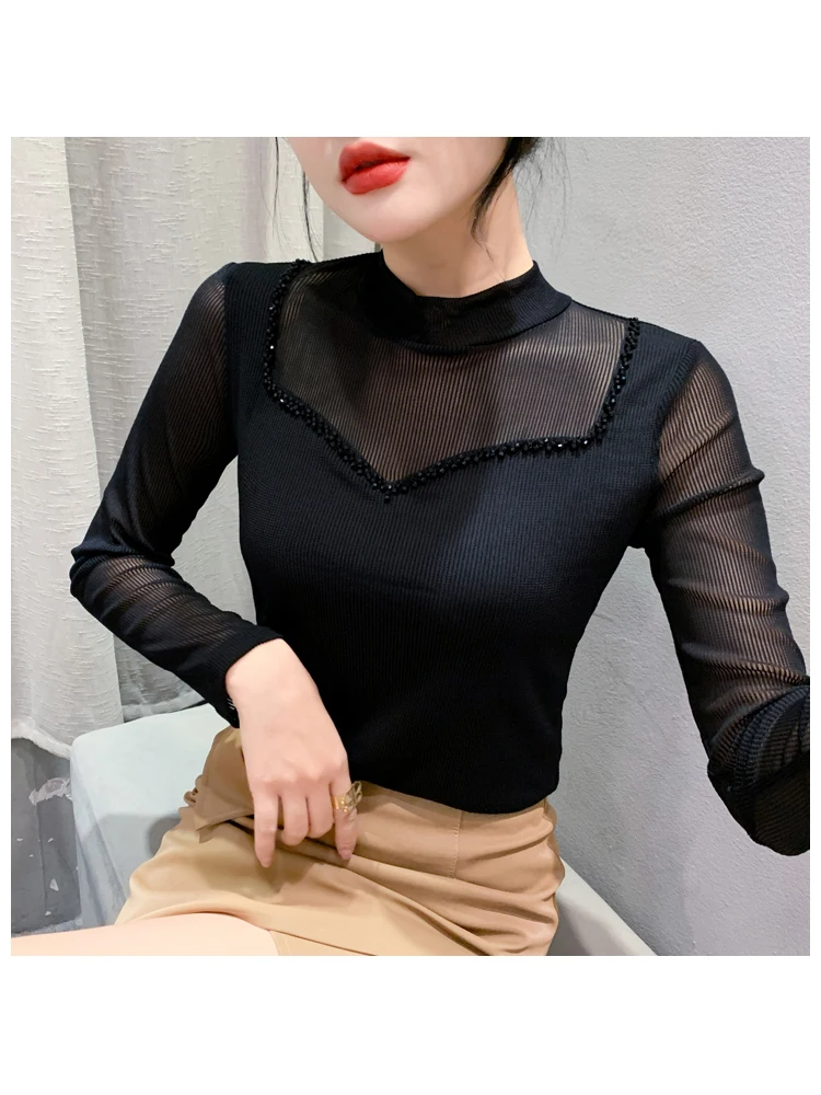 MadBlack European Clothes Tshirt Women Sexy Round Collar Hand Made Beaded Slim Long Sleeve Office Tees Autumn Spring T38058JD