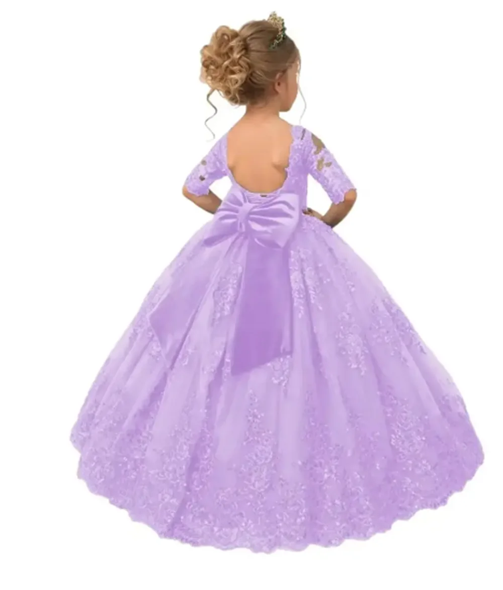 فساتين فتاة الزهور طويلة باللون الأحمر الزمردي مزينة بفيونكة تول نصف كم لحفلات الزفاف وحفلات أعياد الميلاد