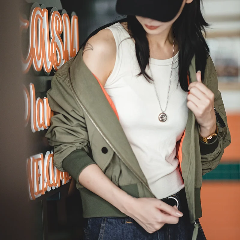 Maden Vintage MA-1 kurtka bomberka damska zielona krótka kurtka baseballowa kieszenie zapinana na zamek codzienna odzież wierzchnia na wiosenną kurtkę Streetwear