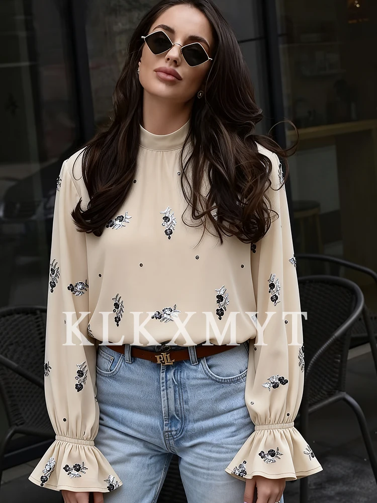 Camisa translúcida para mujer, moda de otoño 2025, camisa de manga larga con decoración de lentejuelas de Color sólido, camisa elegante de ocio para mujer