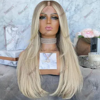 Asch blond ombre leimlos v teil perücke menschliches haar für frauen leicht zu tragen dunkel goldene wurzeln 1x4 u teil perücken 100% jungfräuliches brasilia nisches haar