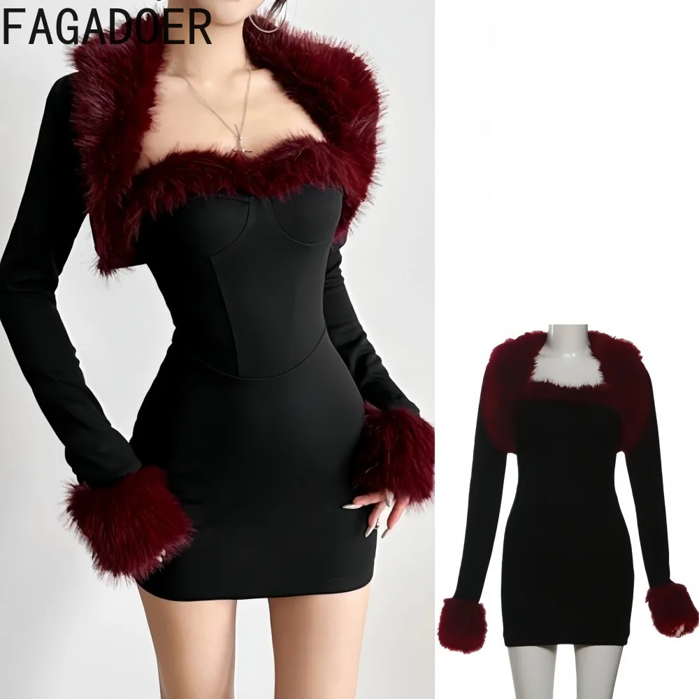 

FAGADOER Sexy Fur Patchwork Woman 2 Piece Set Outfit Solid Color Long Sleeved Cardigan+Bodycon Dress Female Streetwear Clothing