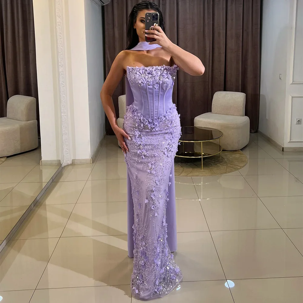 Elegante abito da sera arabo con decalcomania 3D a sirena, maniche a scialle senza spalline, abito da festa in pizzo, occasione formale, abito da ballo, personalizzazione