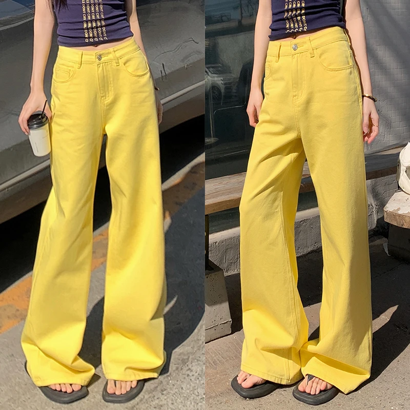 

Yellow Loose Straight Baggy Jeans Women Y2K Streetwear 2025 Korean Fashion Pink Casual High Waist Vintage Wide Leg Denim Pants