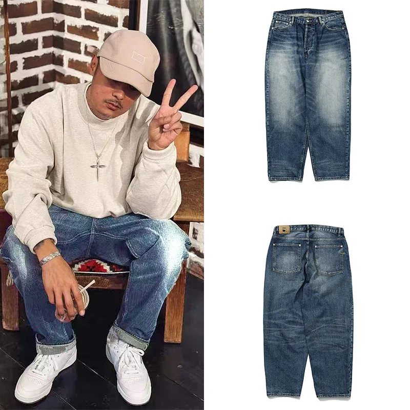 

Wu Wen Le Japanese Sle Retro Men's Loose Waed Straight Leg Versatile Autumn Winter Casual Nine-Piece Jeans Trendy