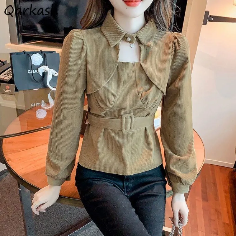 

Corduroy Blouses Women Design Fake Two Pieces Flattering Waist Belt Hollow Out Puff Sleeve Solid Clothing Temperament Stylish