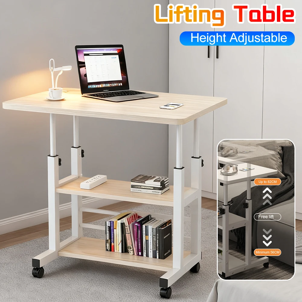 Height Adjustable Bedside Table Multi-Layer Storage Swivel Wheel Home Desk Mobile Laptop Standing Desk for Dormitory and Bedroom