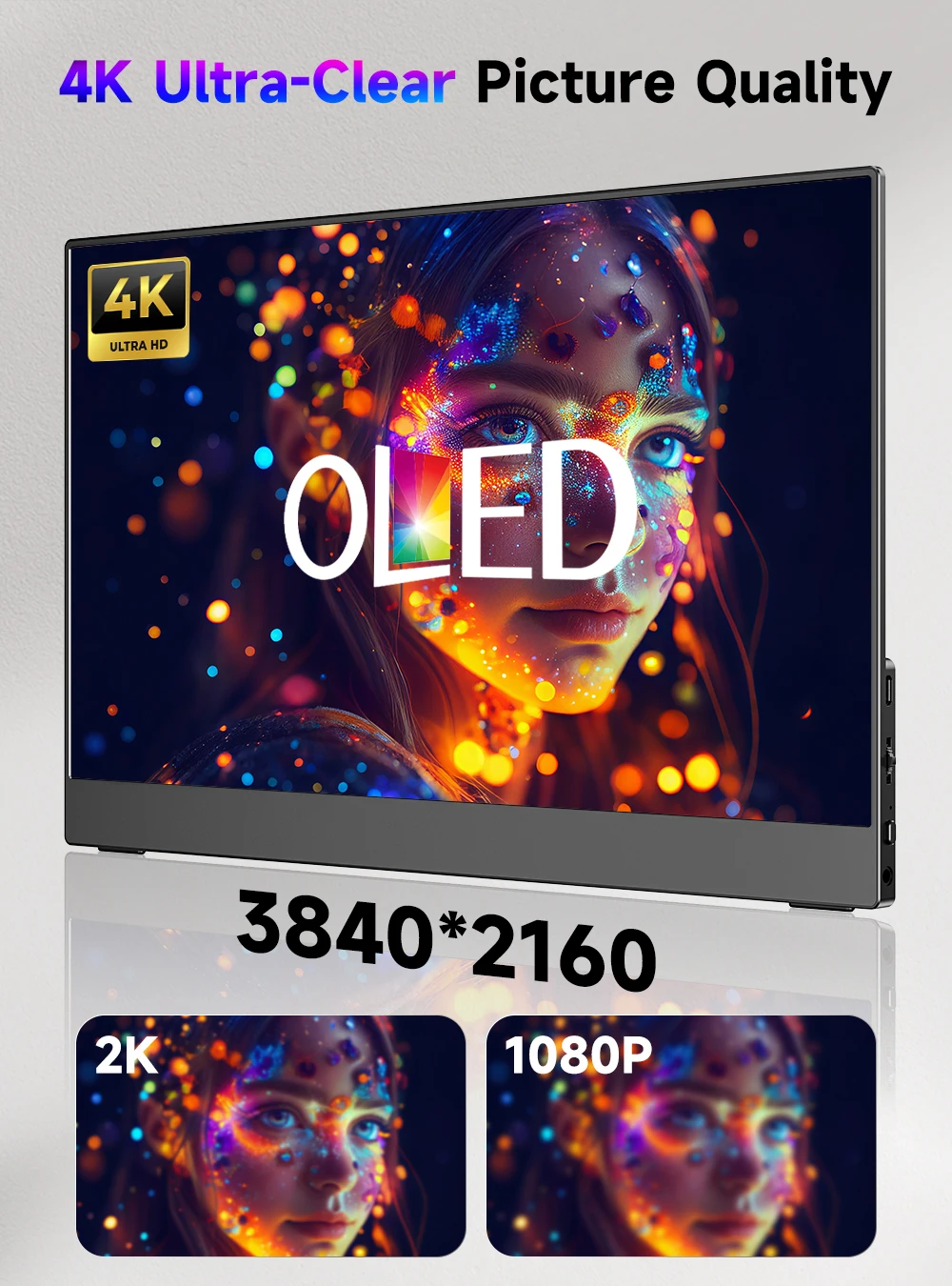 شاشة ألعاب محمولة فائقة الجودة 4K OLED مقاس 13.3 بوصة بدقة 3840*2160 ووقت استجابة 1 مللي ثانية و400 شمعة في المتر المربع و100% DCI-P3 100000:1 بتصميم نحيف للغاية لأجهزة الكمبيوتر المحمولة وأجهزة الكمبيوتر الشخصية الصغي