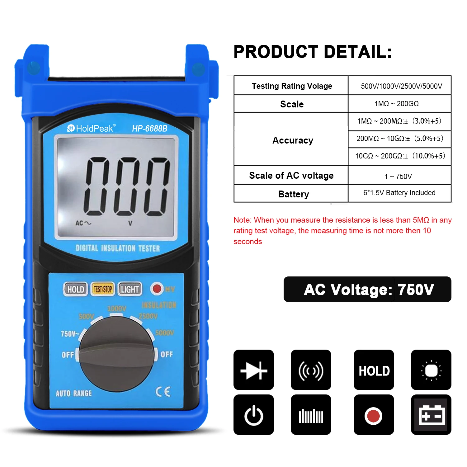 HoldPeak HP-6688B probador de resistencia de aislamiento Digital 5000V instrumento de medida de voltaje profesional probador portátil de rango automático