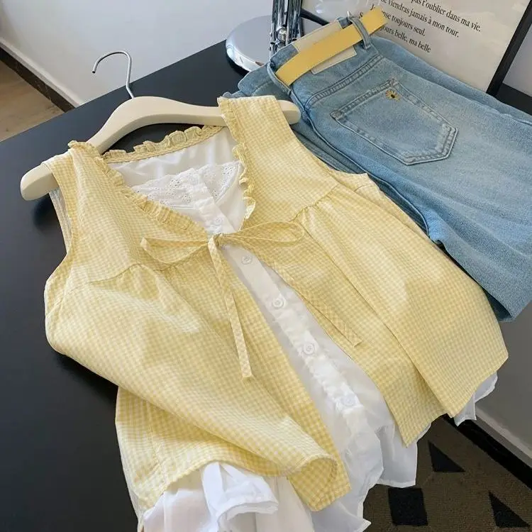 Chemise sans manches pour femmes, faux nœud à carreaux, Design deux pièces, tempérament français, petit Bourgeois, Dopamine