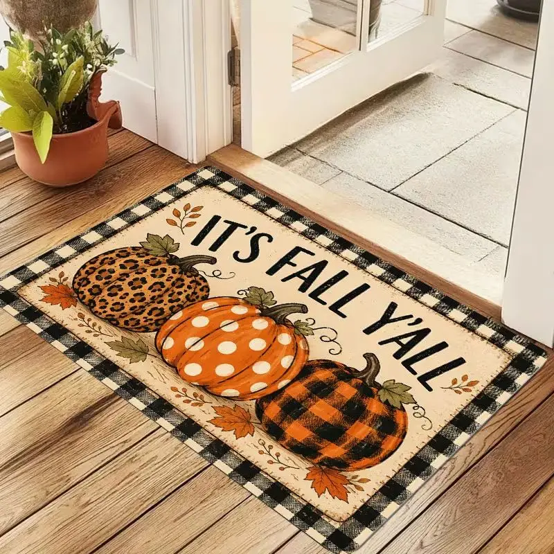 VIKAMA Thanksgiving Kürbis Willkommensmatte Rutschfeste Innen- und Außen-Eingangsmatte für Küche und Schlafzimmer „Es ist Herbst, Leute“ Heimteppich