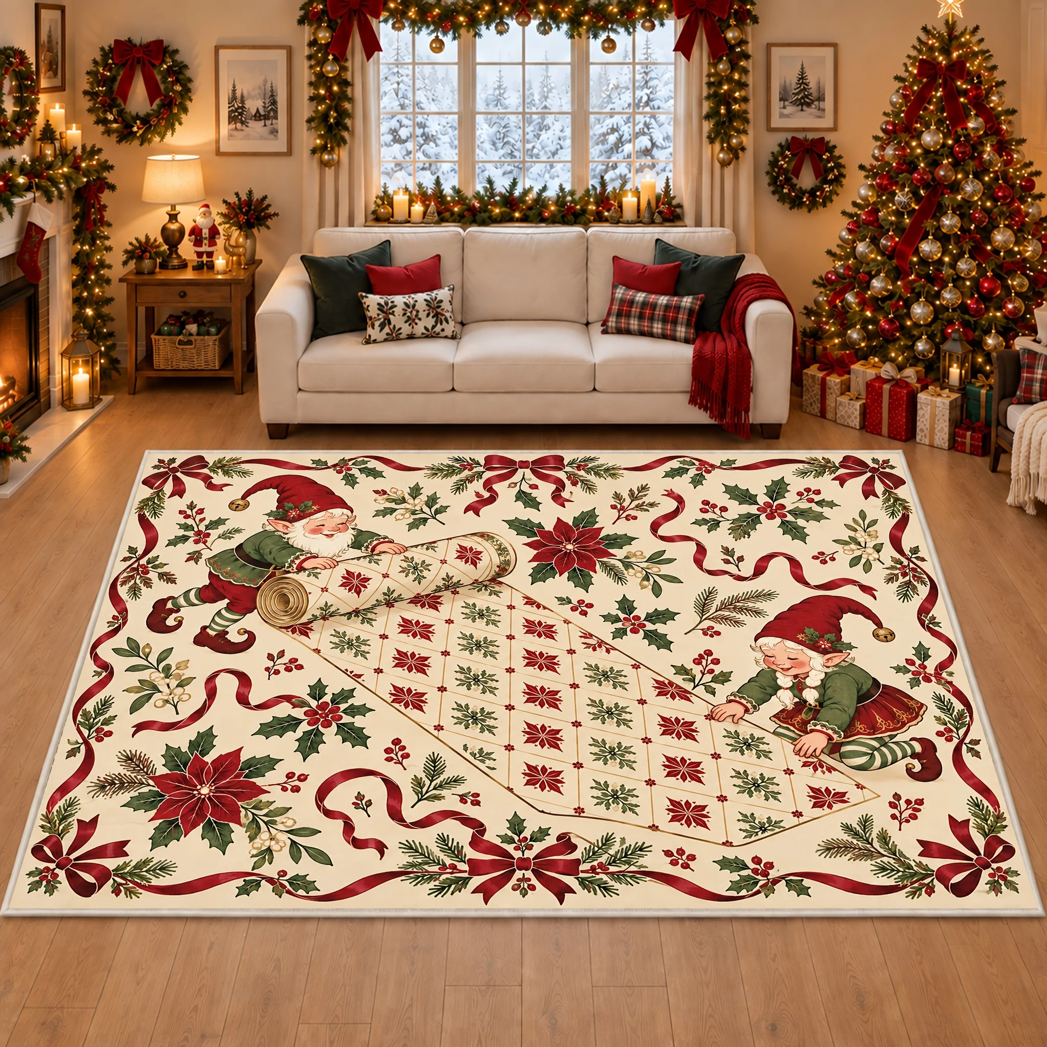 1pc Christmas Elf Scroll Pattern Area Rug, 2D Flat Print, Indoor Floor Mat for Living Room, Xmas Home Decor